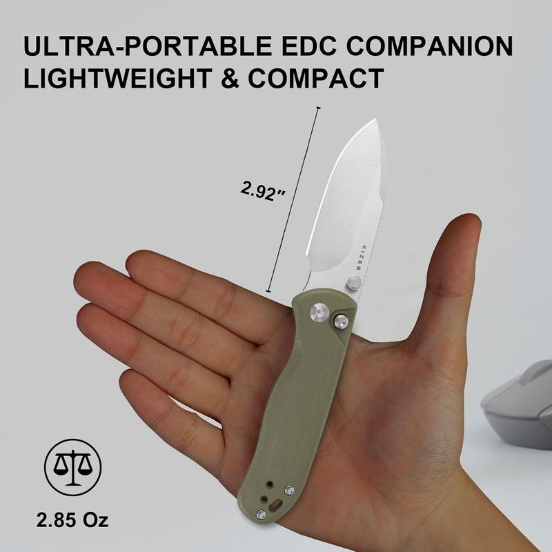 KIZER Drop Bear 2 Pocket Knife, 2.92" AEB-L Drop Point Blade Folding Knife with Olive Green G10 Handle, Button Liner Lock EDC Knives with Jimping on Spine for Men Women V3619.2CD2 - Image 5